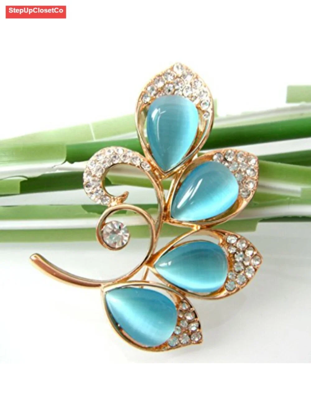 18k Gold Plated Opal Leaves Crystal Branches Brooch Pin Gift